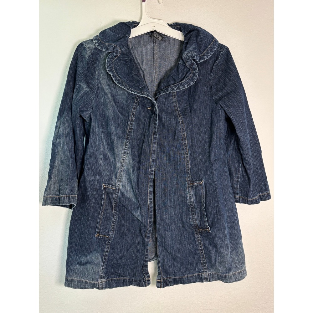 French Cuff Denim Jacket Ruffle Collar 3/4 Sleeve Dark Wash Longline Coat Large
